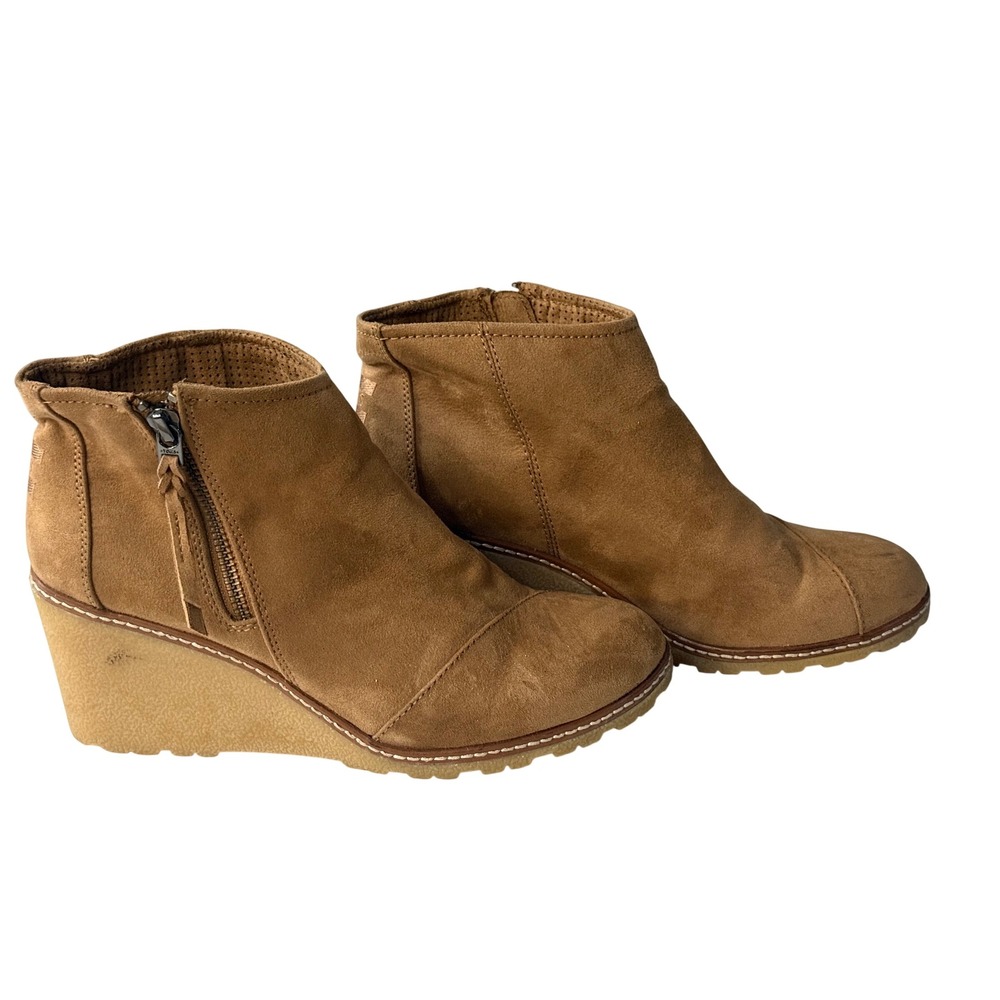 TOMS Leila Honey‎ Brown Suede Wedge Ankle Boots Womens 8.5 Zip Up Booties